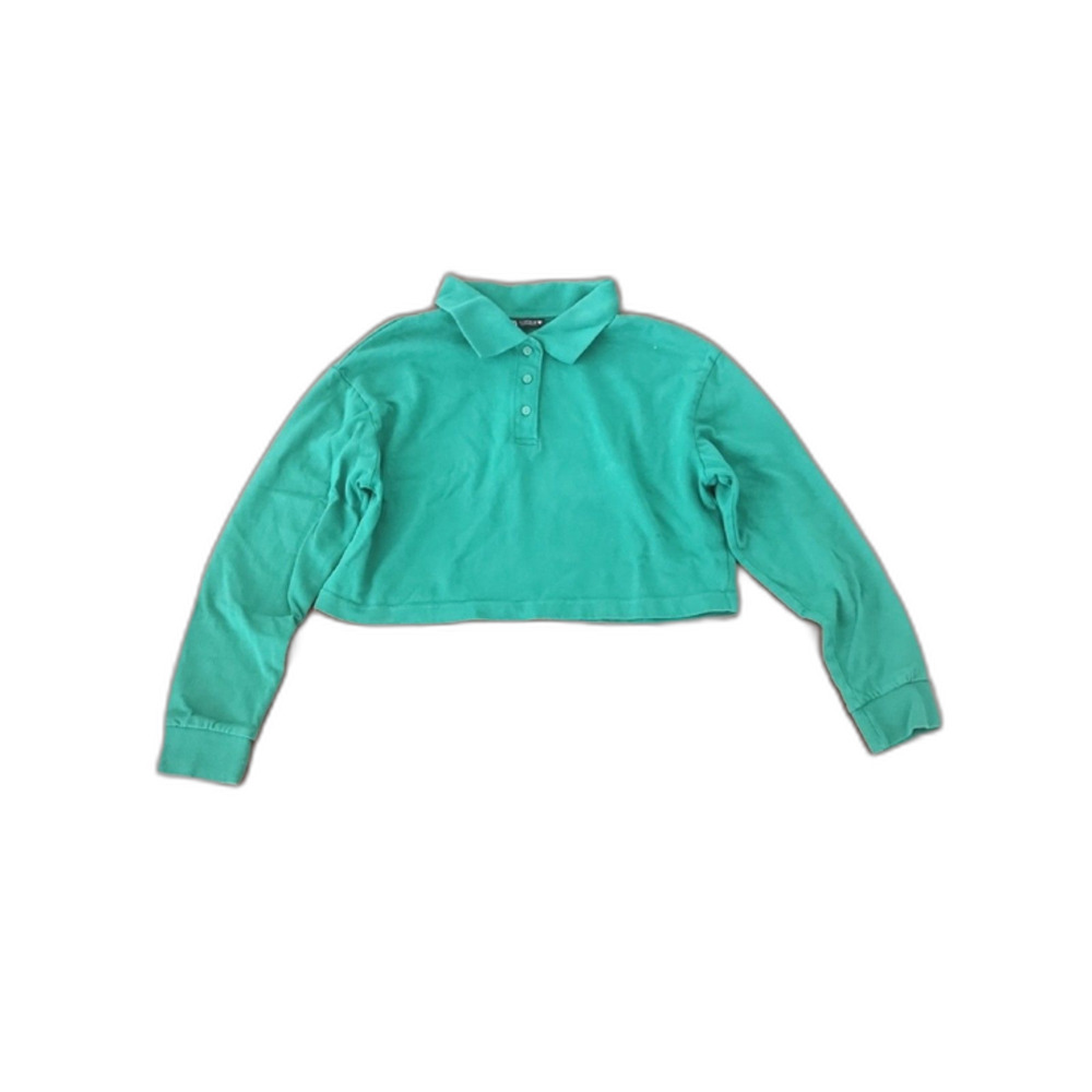 ZARA Long Sleeve Cropped Polo Shirt, Green, Size S